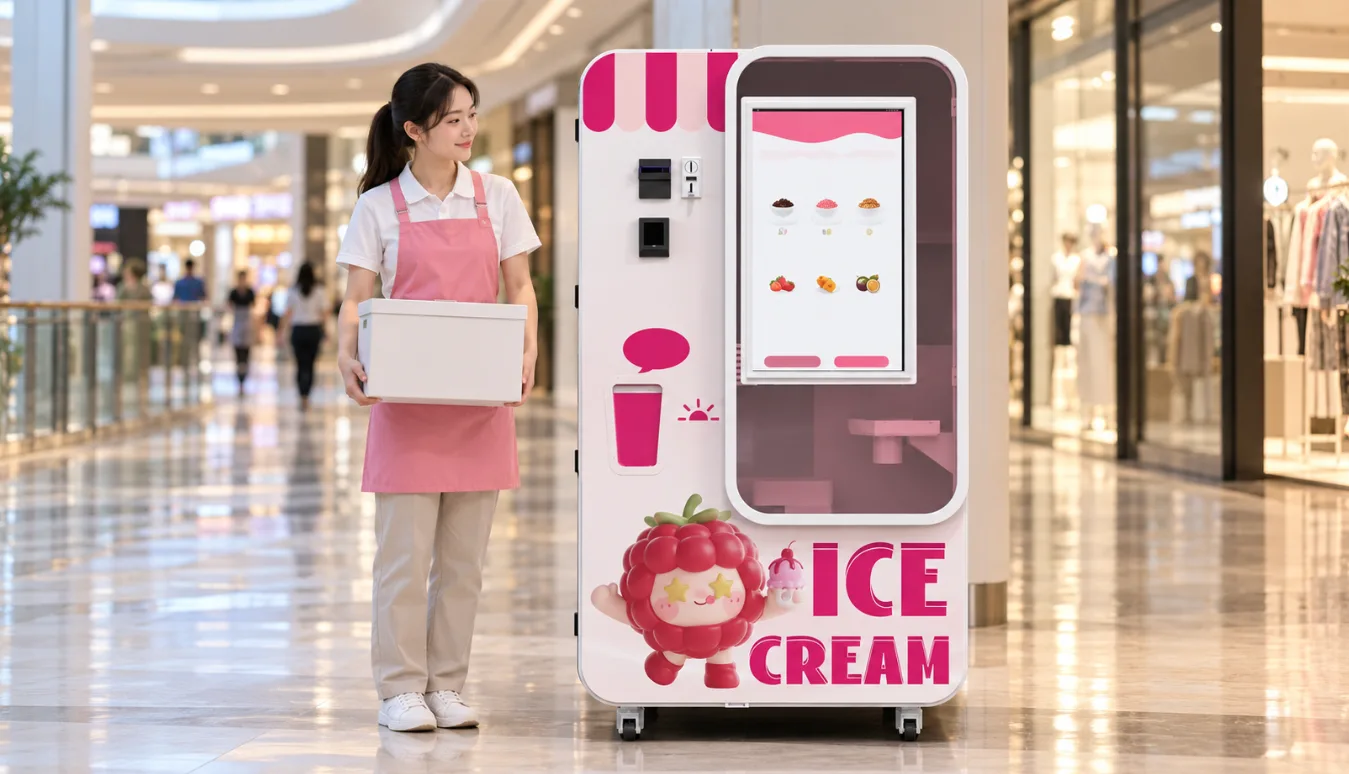 Operator with a supply box beside a Huaxin B83 floor-standing ice cream vending machine in a mall corridor